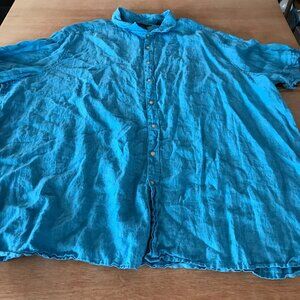 Perry Ellis 100% Linen Shirt Men 5XLT Blue Button Up Short Sleeve Collared 17524
